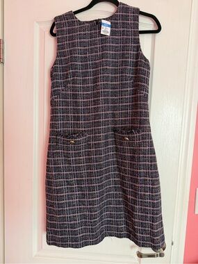 J McLaughlin Sleeveless Tweed Shift Dress in Navy and Pink Plaid